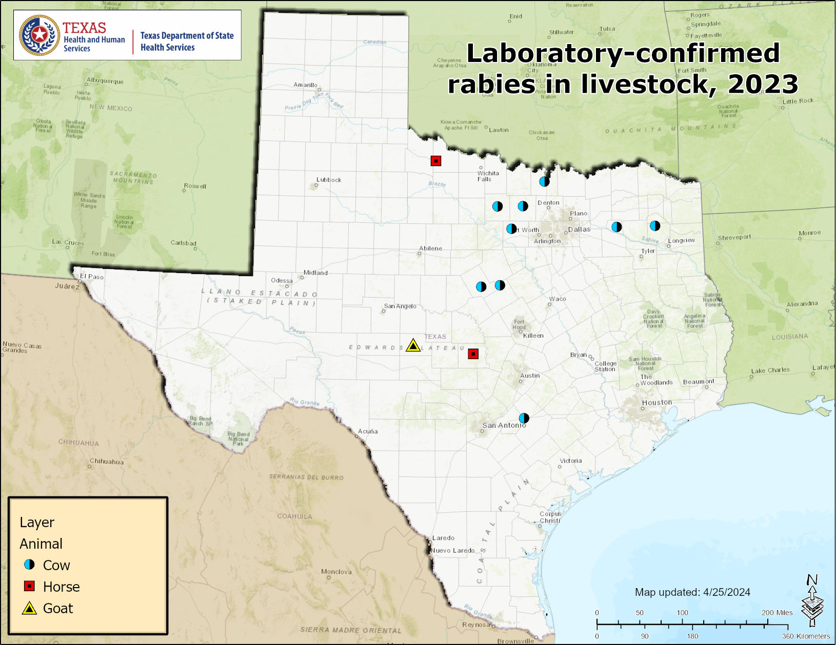 Rabies Maps 2023 Texas DSHS